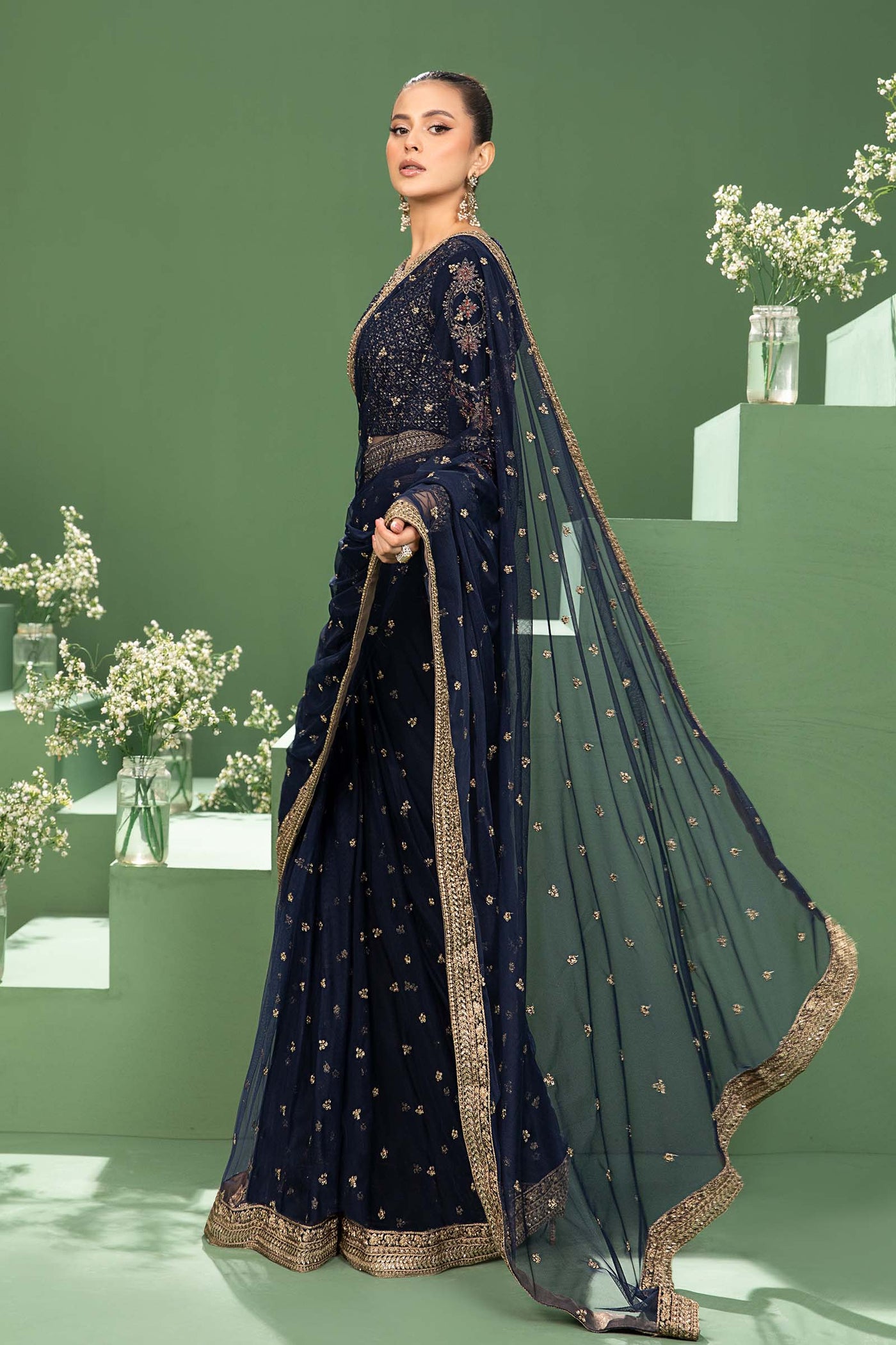 3 Piece Embroidered Net Saree | SF-W24-11