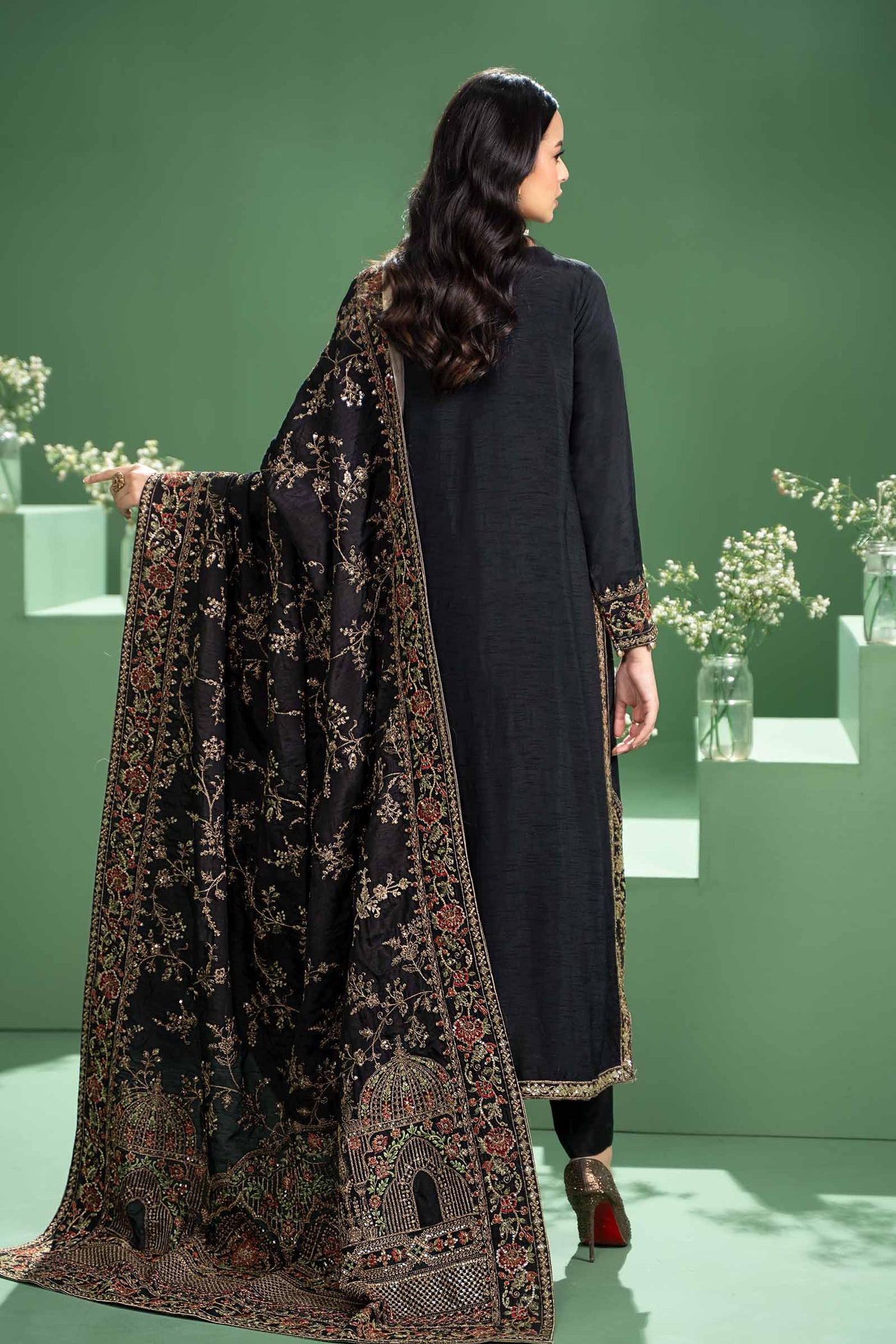 3 Piece Embroidered Raw Silk Suit | SF-W24-20