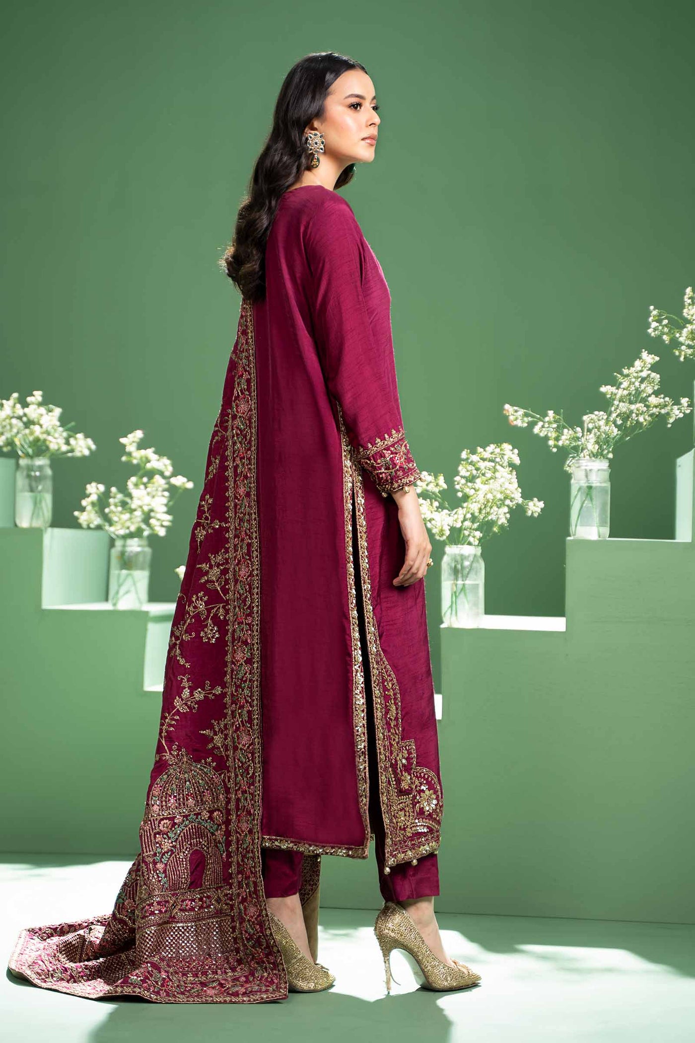 3 Piece Embroidered Raw Silk Suit | SF-W24-20