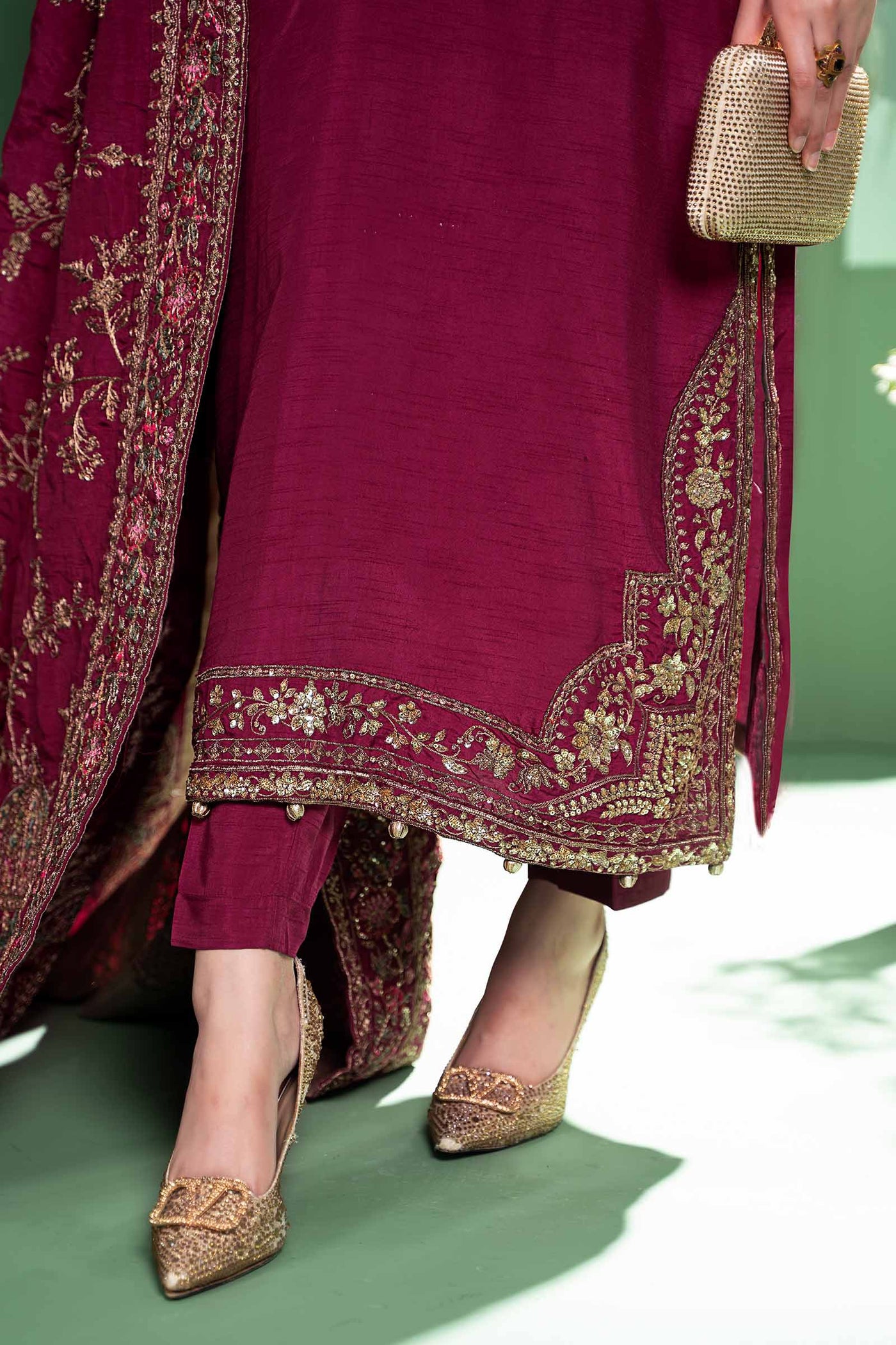 3 Piece Embroidered Raw Silk Suit | SF-W24-20