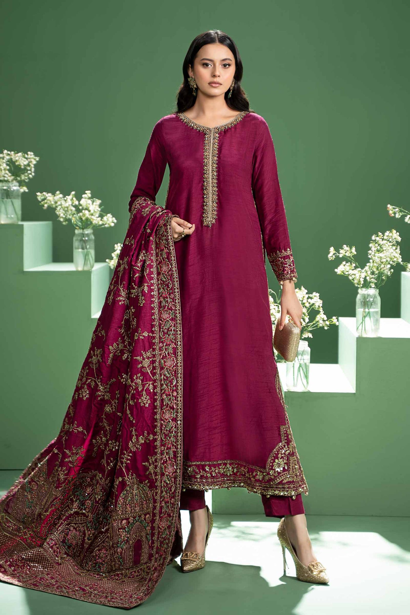 3 Piece Embroidered Raw Silk Suit | SF-W24-20