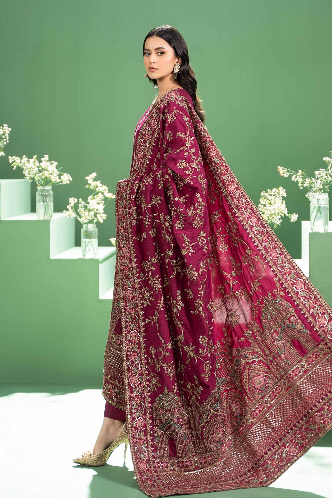 3 Piece Embroidered Raw Silk Suit | SF-W24-20