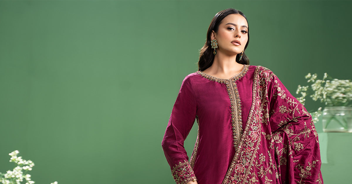 3 Piece Embroidered Raw Silk Suit | SF-W24-20