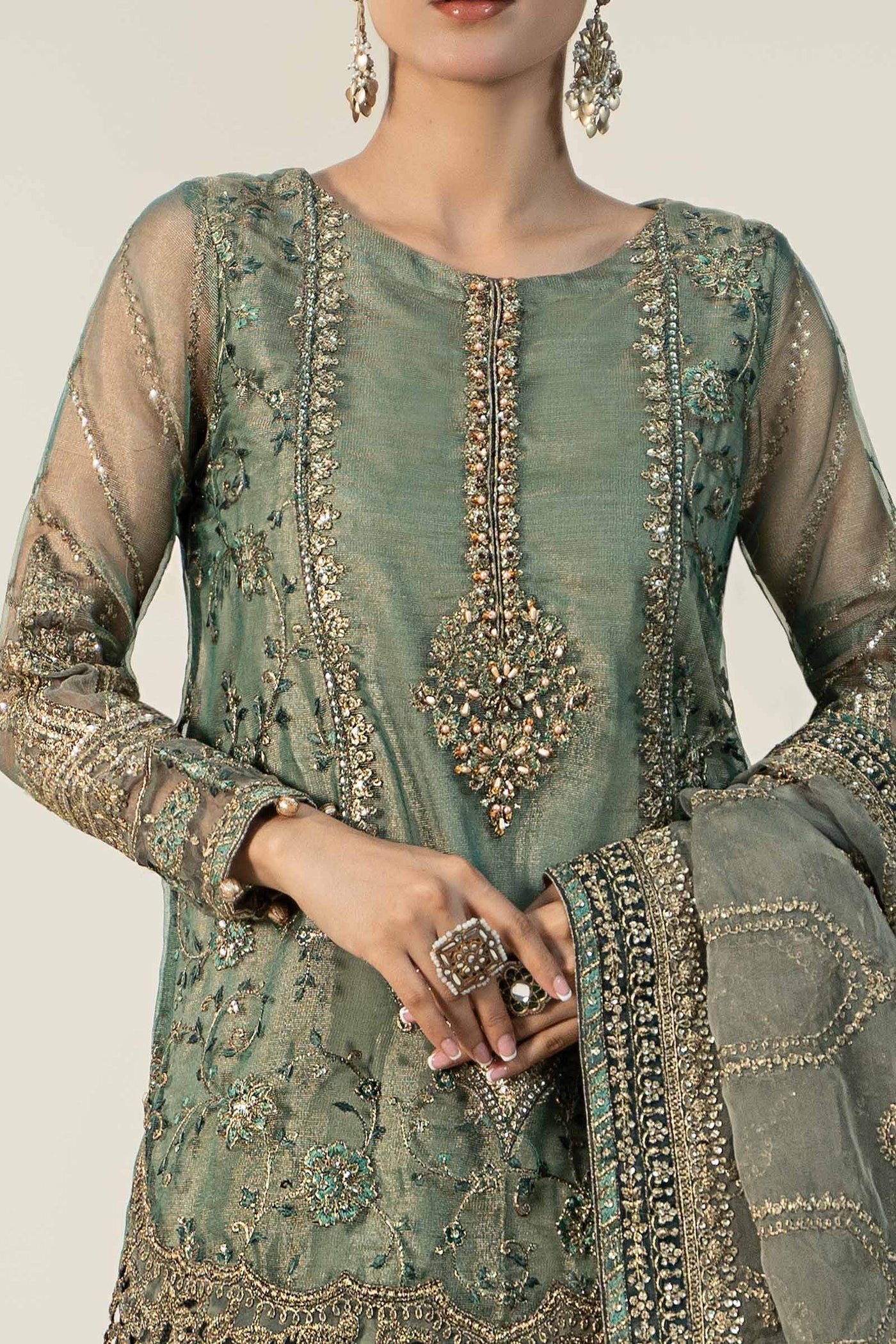 3 Piece Embroidered Zari Net Suit | SF-W24-24