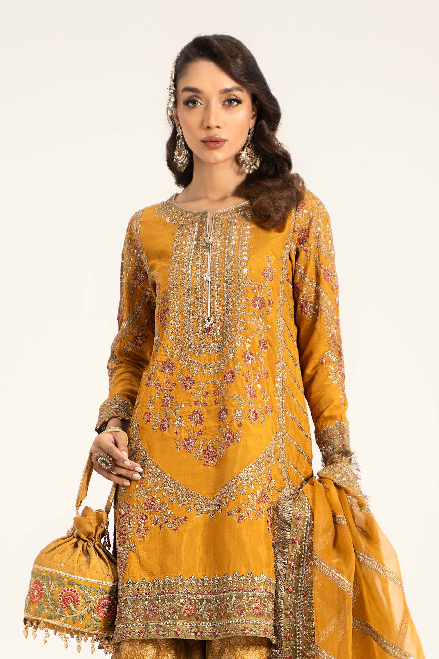 3 Piece Embroidered Raw Silk Suit | SF-W24-25