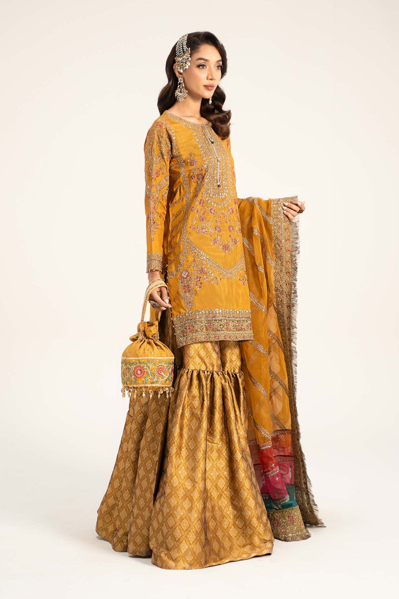 3 Piece Embroidered Raw Silk Suit | SF-W24-25