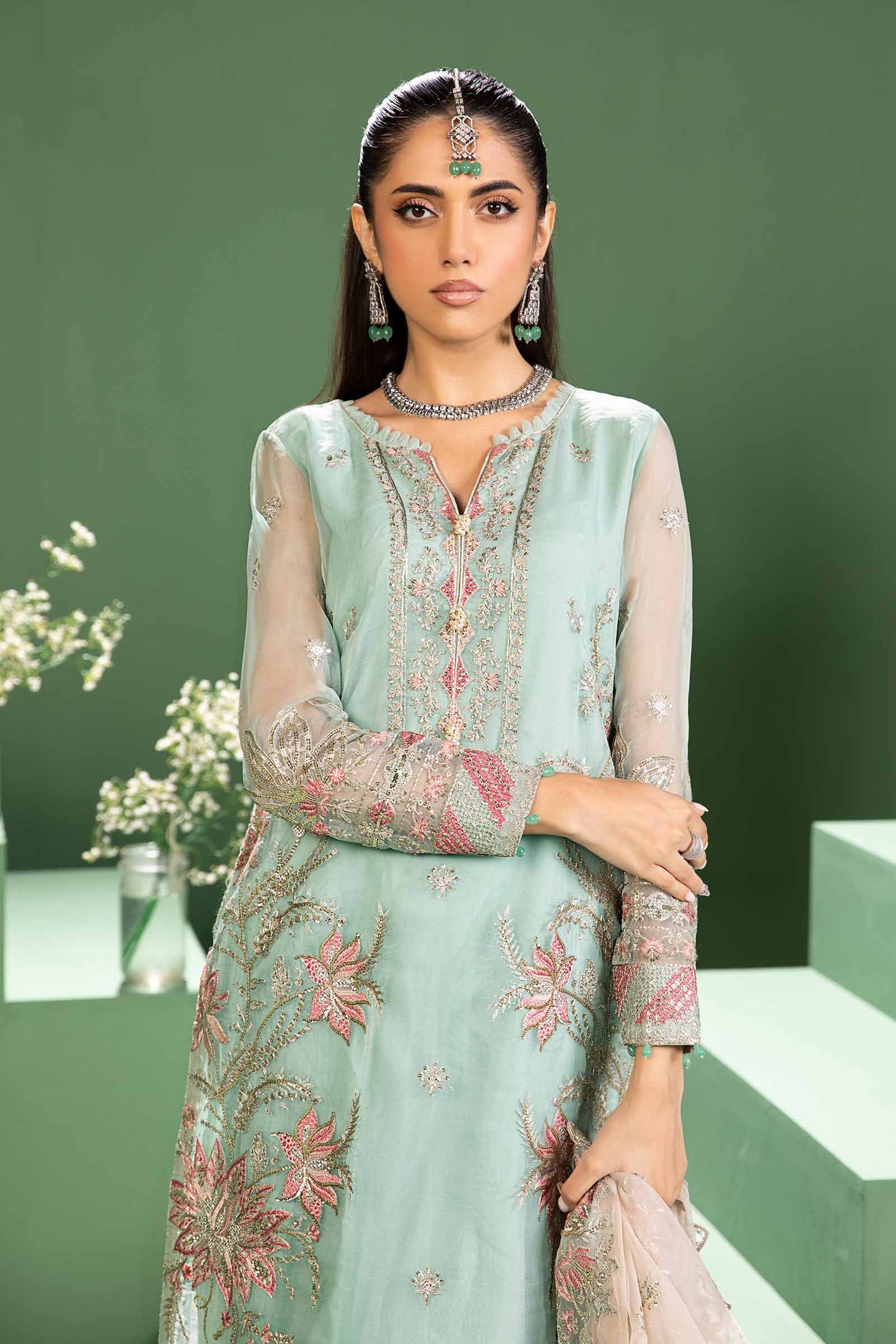 3 Piece Embroidered Raw Silk Suit | SF-W24-27