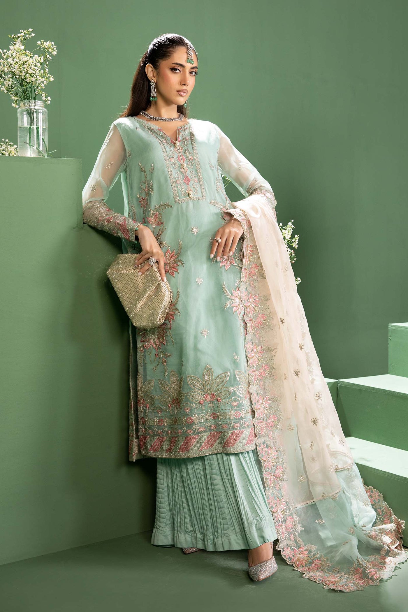 3 Piece Embroidered Raw Silk Suit | SF-W24-27