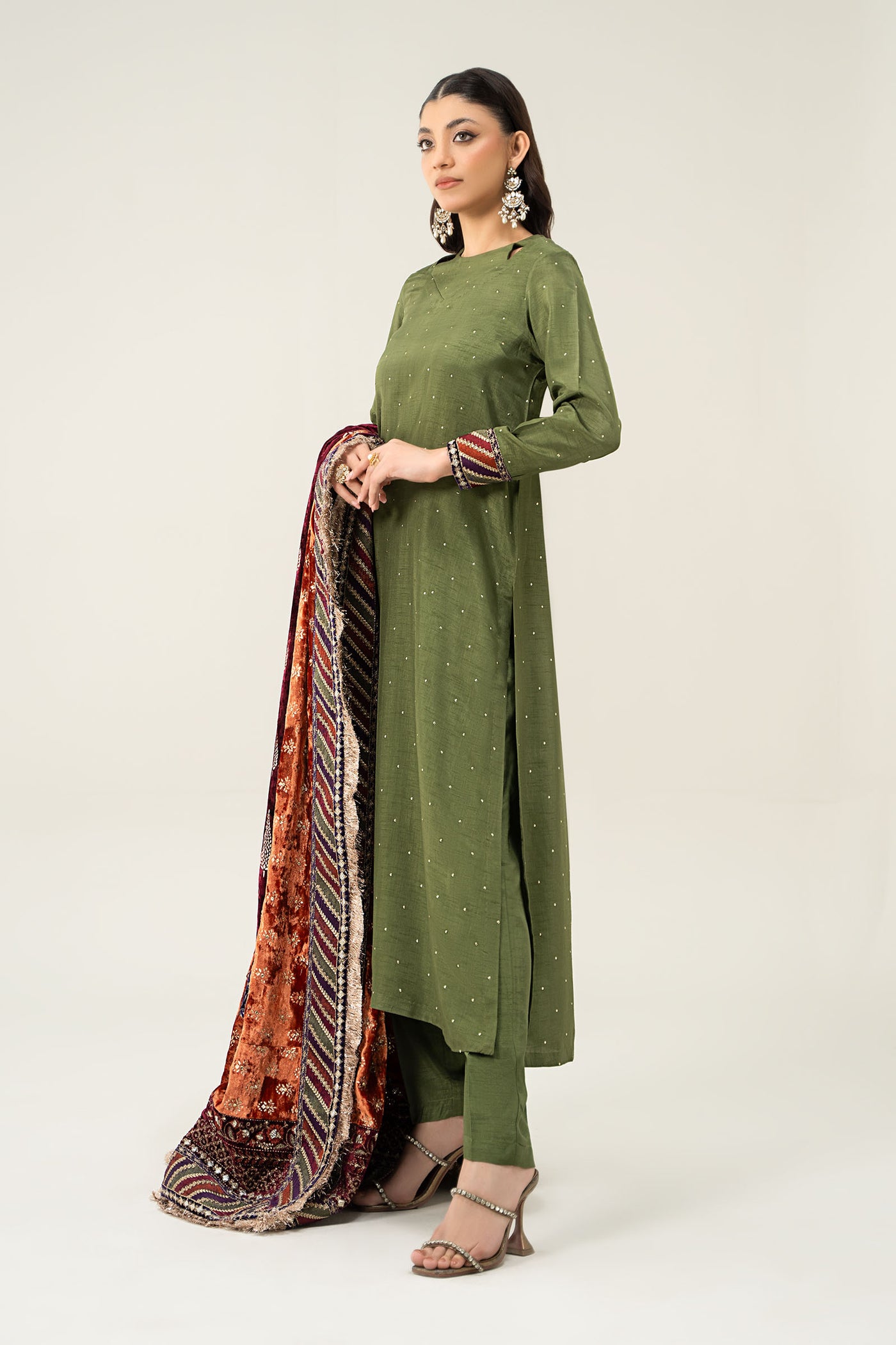 3 Piece Embroidered Raw Silk Suit | SF-W24-30