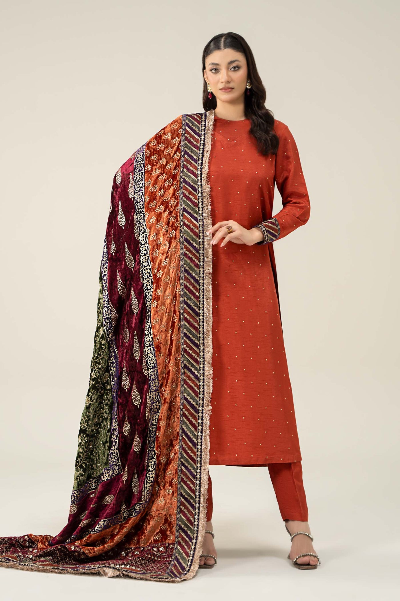 3 Piece Embroidered Raw Silk Suit | SF-W24-30