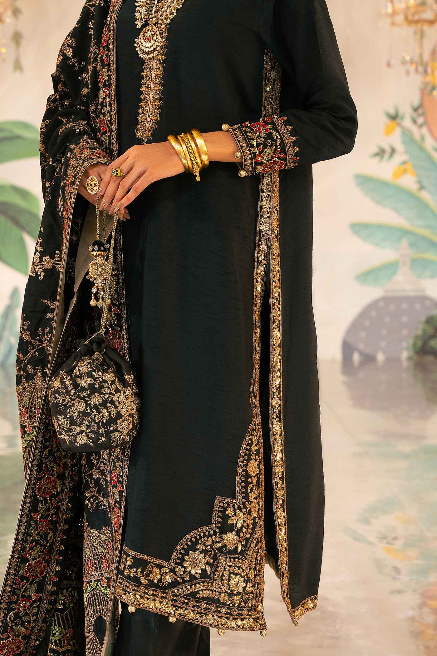 3 Piece Embroidered Raw Silk Suit | SF-W24-20