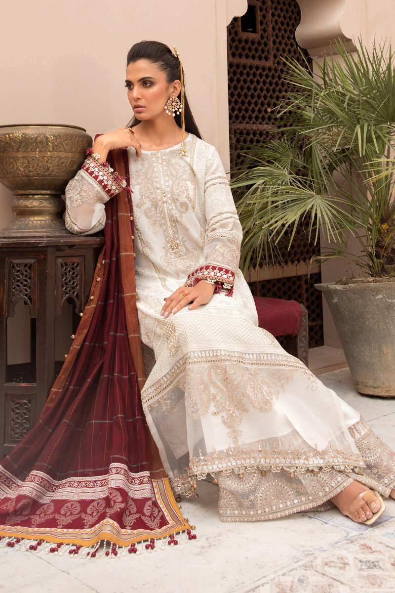 Unstitched Lawn EL-21-01-Ivory White and Maroon