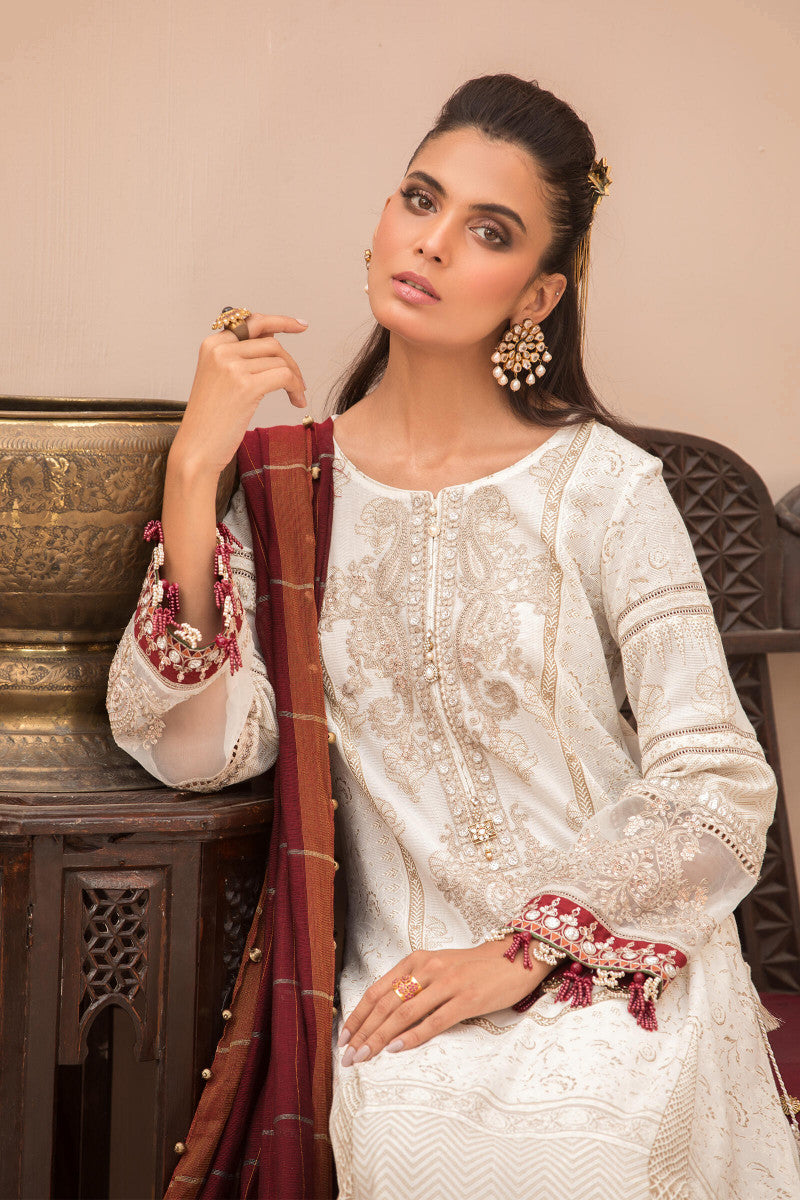 Unstitched Lawn EL-21-01-Ivory White and Maroon